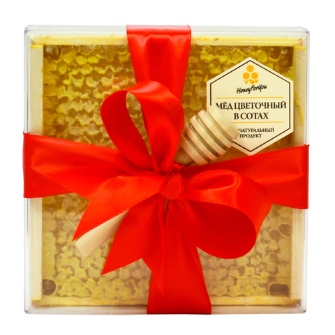Натуральный мед в сотах HoneyForYou в подарочном оформлении с красной лентой, 350 г