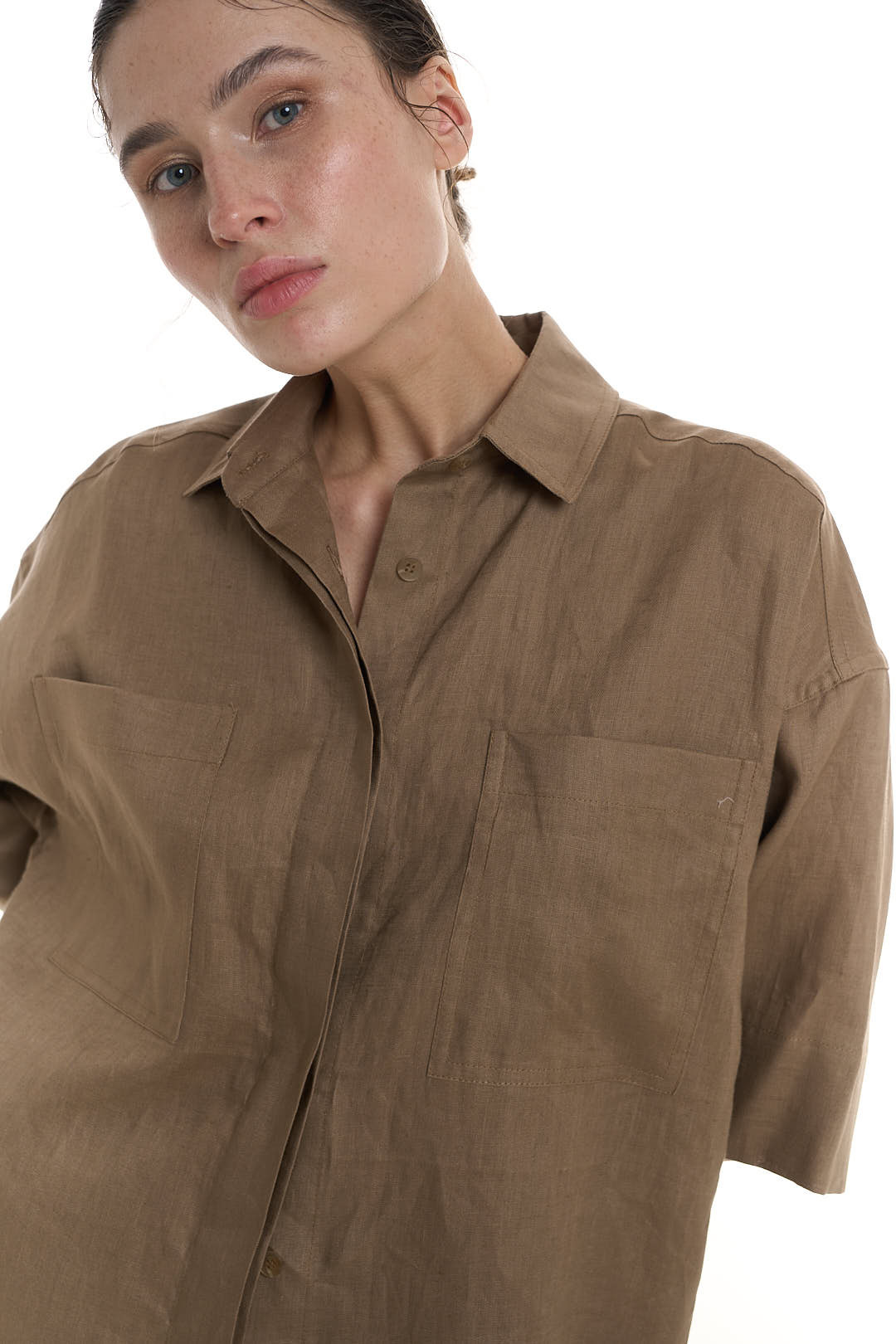 Рубашка с коротким рукавом женская изо льна, корица