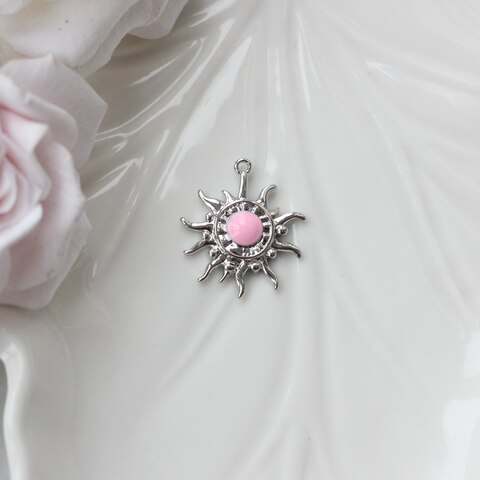 Подвеска Солнце с эмалью, розовый, 22*19 мм, родий, П1035