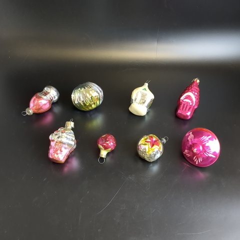 Ёлочные игрушки набор из 8 разных штук избушки, шар со звездой, юла, кексик и др, стекло, подвесные, ручная яркая роспись, винтаж СССР 1970-1990 гг
