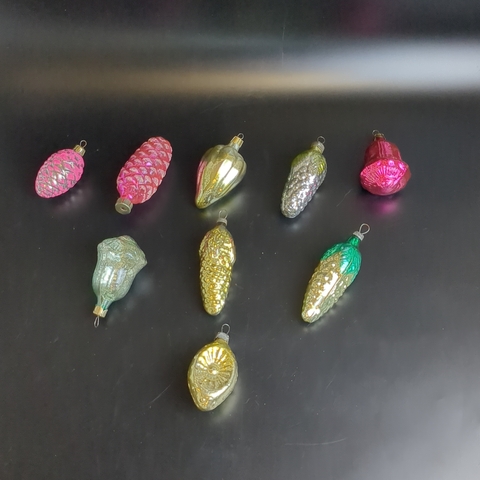 Ёлочные игрушки набор из 9 разных штук, шишки, колокольчики и др, стекло, подвесные, ручная роспись, винтаж СССР 1970-1990 гг