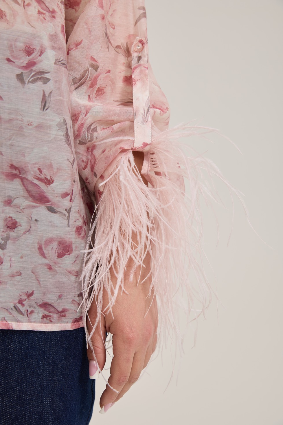 Блузка из тенселя с перьями, цветочный принт, розовый