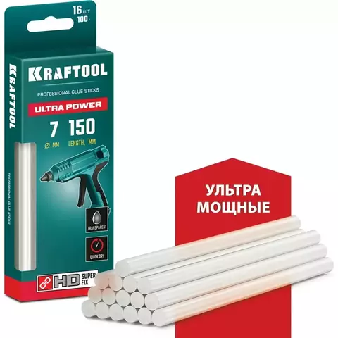 KRAFTOOL Ultra Power 7х150 мм, 16 шт, Ультрамощные клеевые стержни прозрачные (06837-16)