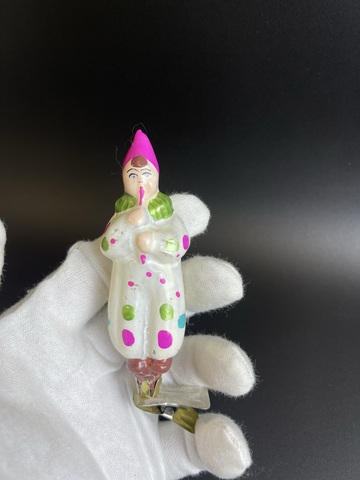 Ёлочная игрушка на прищепке "Клоун с дудочкой", винтаж, стекло СССР 1950-1970 гг