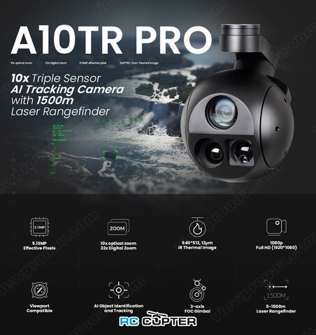 Камера Viewpro A10TR Pro с трехосевым подвесом (10 и 32 кратный зум, тепловизор 640p, дальномер 1,5 км, распознавание и ведение объектов, 1080p) версия viewport