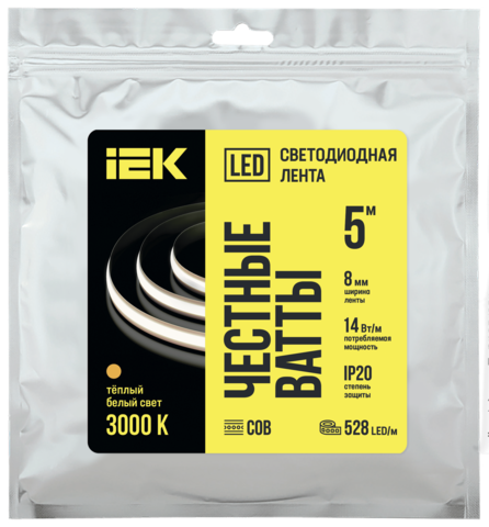 Лента LED 5м COB-528LED freecut 14Вт/м IP20 24В 3000К IEK