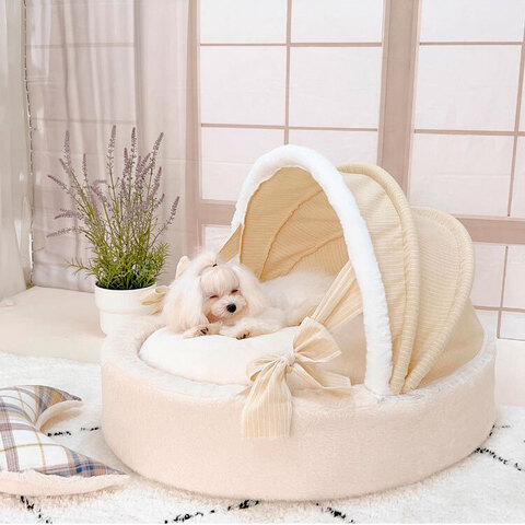 2027 Люлька с белым мехом и полосатой крышей PREMIUM (чехлы съёмные)