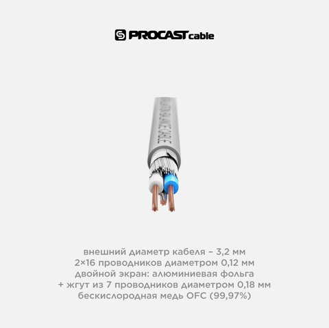 Микрофонный кабель балансный 2х0,18 мм² (25 AWG), OFC медь, двойной экран, диаметр 3,2 мм, серый, PROCAST cable BSC 3,2/16/0,12