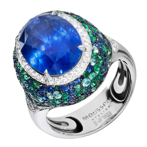 Кольцо с Сапфирами, Изумрудами, Турмалином Параиба и Бриллиантами, R0057-1/1