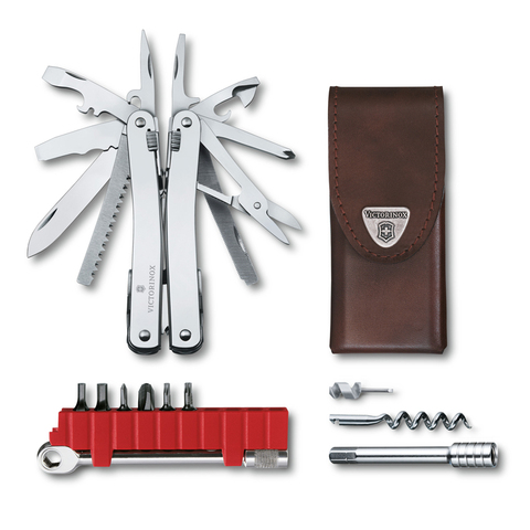 Мультитул Victorinox SwissTool Spirit X Plus Ratchet (3.0236.L) с набором бит, ключом-трещоткой, удлинителем и штопором, 105 мм. в сложенном виде, 36 функций, кожаный чехол | Wenger-Victorinox.Ru