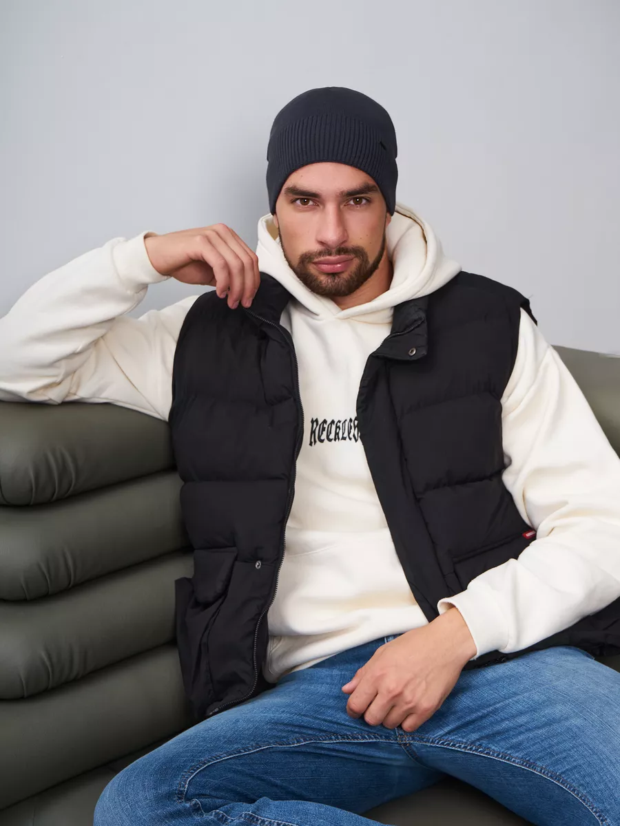 Шапка зимняя на флисе вязаная бини