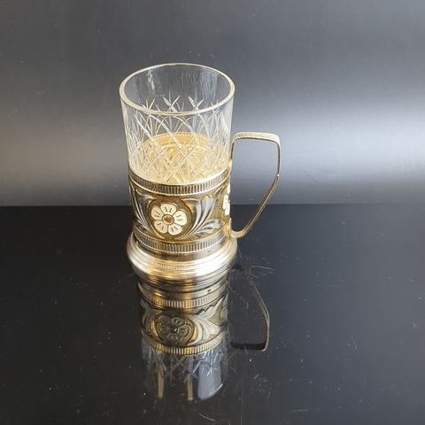 Подстаканник "Ромашка" с хрустальным стаканом, алюминий, холодная эмаль, СССР