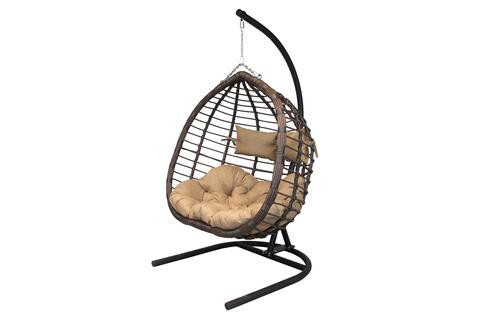 Кресло подвесное Garden Story двойное Ортис (стойка+основание черный,корзн. корич.,подуш. терракот 3уп. (В))