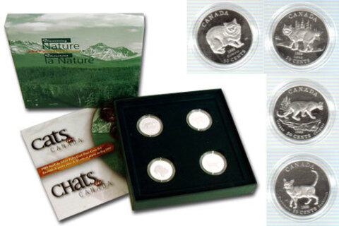 Набор из 4 монет Канада 50 центов 1999 год. Канадские кошки. Серебро