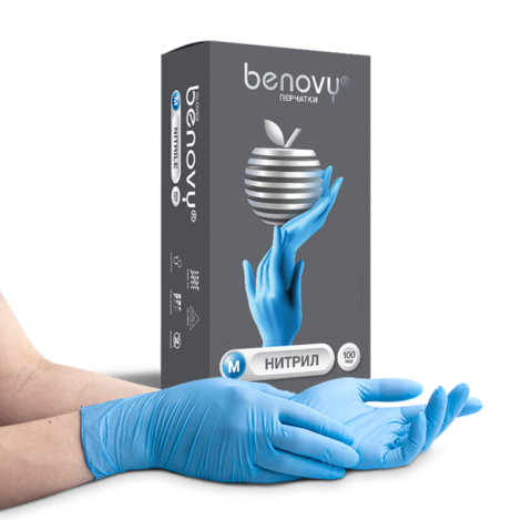 Перчатки нитриловые неопудренные текстурированные на пальцах, Benovy голубые ,размер S 50пар.