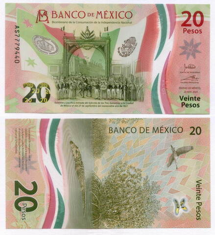 Юбилейная банкнота Мексика 20 песо 2021 год. 200 лет независимости. AS7779440. UNC (пластик)