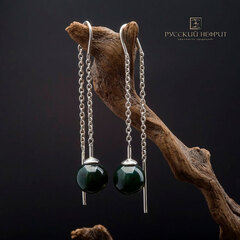 Серьги-протяжки Luna. Серебро, тёмно-зелёный нефрит.