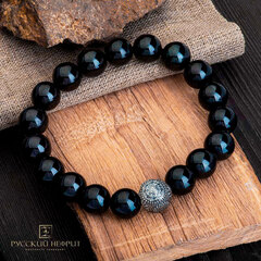 Браслет "Колесо судьбы". Чёрный нефрит. Бусины 10мм.