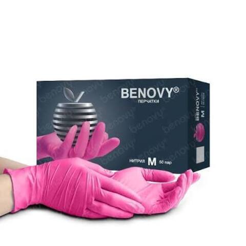 Перчатки Benovy р.M нитриловые Фуксия тестурированные на пальцах (50 пар)