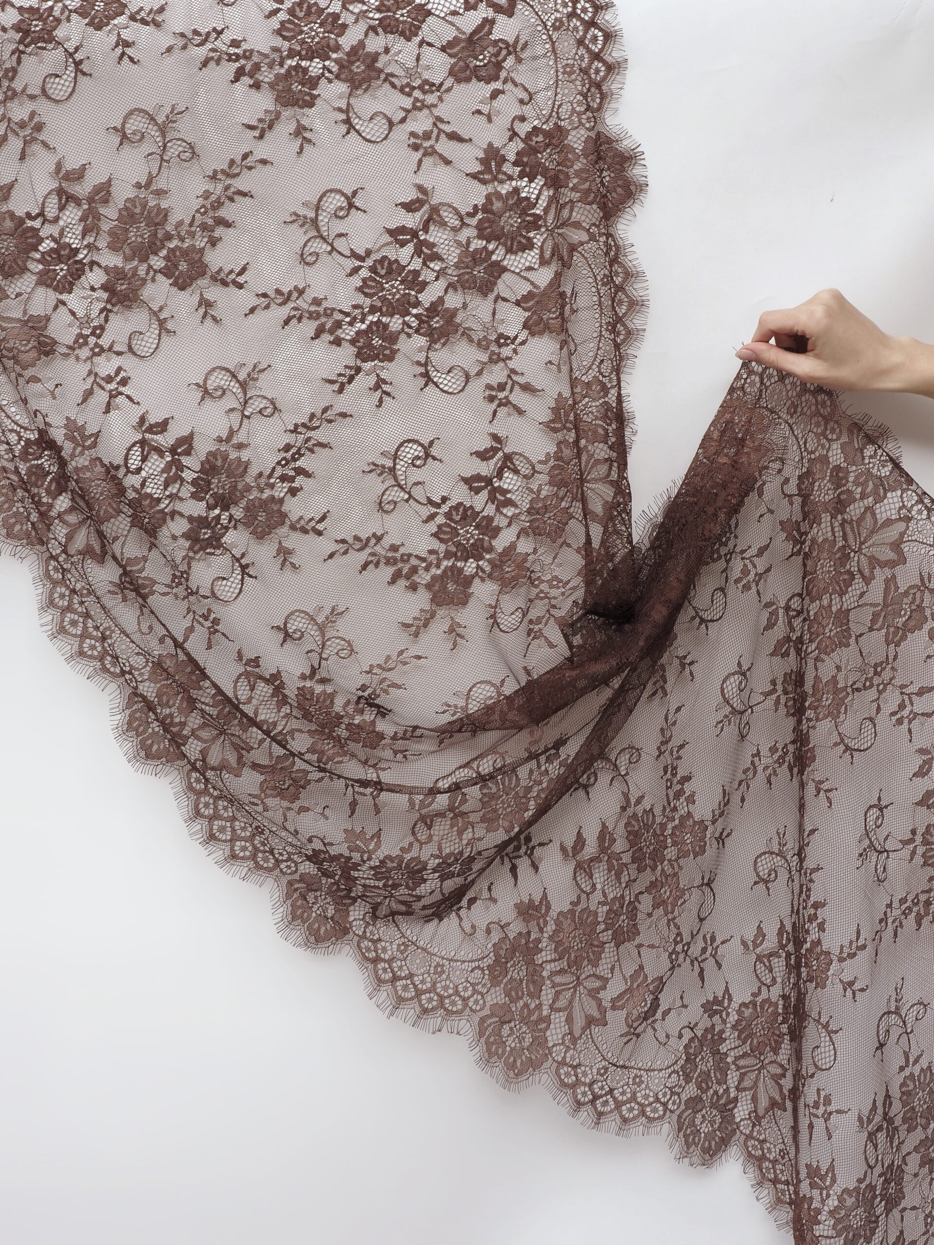 Кружево шантильи для белья шоколад широкое неэластичное ширина 70 см купон 2.9 м