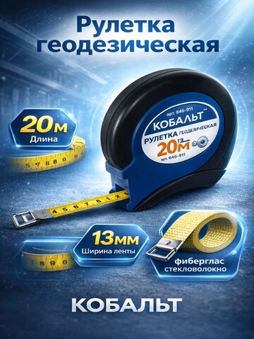 Рулетка геодезическая КОБАЛЬТ 20м x 13мм закрытый двухкомпонентный корпус (стальная лента, (646-911)