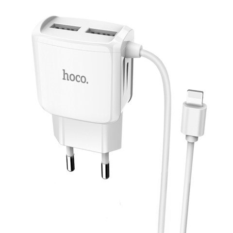 Комплект СЗУ (адаптер на 2 USB со встроенным кабелем Lightning) Hoco C59A (Белый) Сетевое зарядное устройство