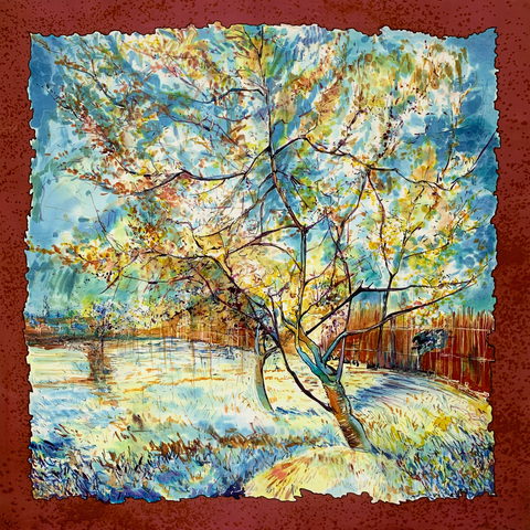 Шёлковый платок батик Ван Гог «Персик в цвету» 90x90 см