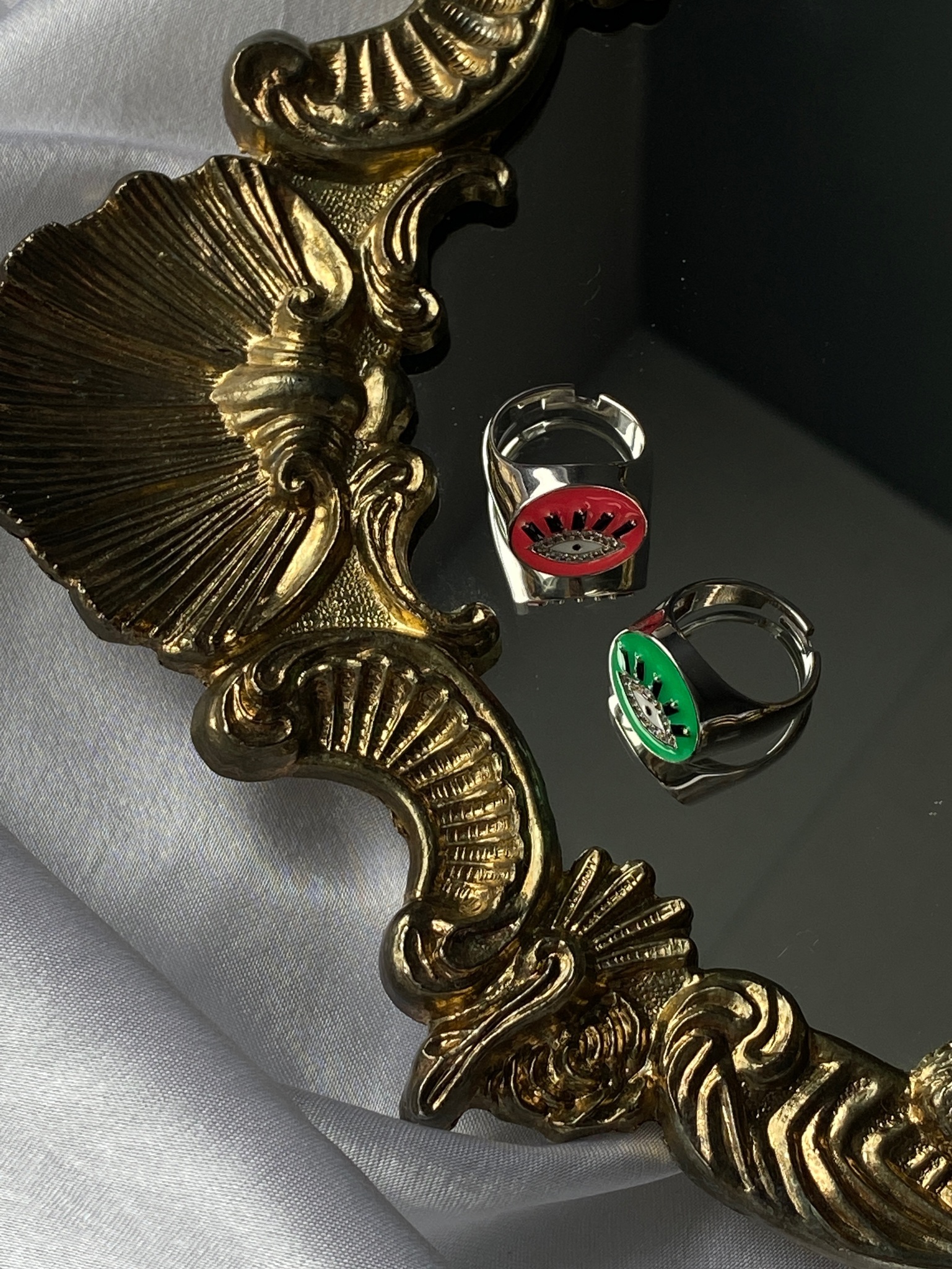 Кольцо Глаз, серебро 925, родий, зеленая эмаль