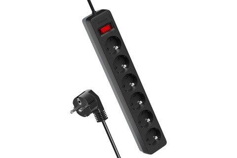 Сетевой фильтр, удлинитель Космос  FKsm1.8m-6g(B)16A сетевой фильтр, 6 розеток 1.8 метра, черный, заземление, выключатель, 16А, 220 вольт, ПВС 3х1, IP20 - купить в компании MAKtorg