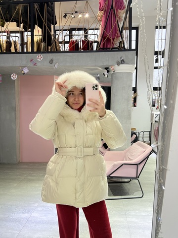 Пуховик Fresh миди с поясом молочный