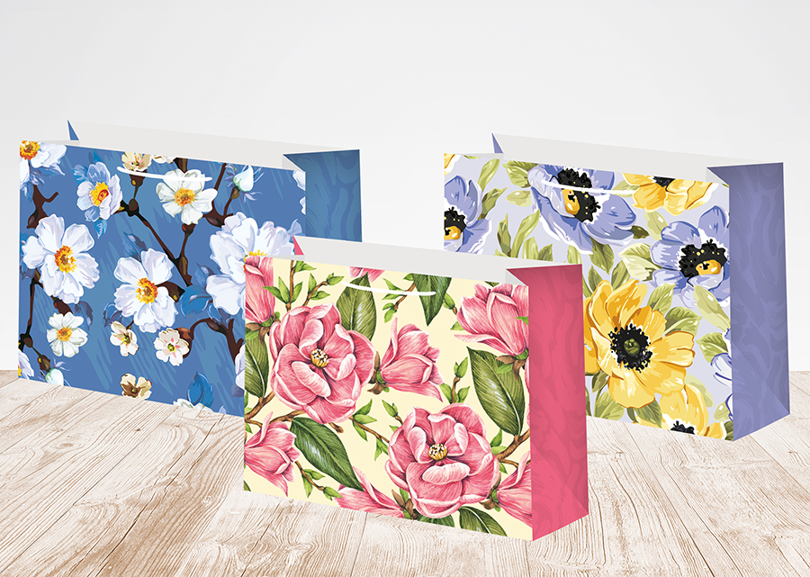 Пакет подарочный S горизонтальный, Цветы МИКС, 23*18*6 см (Д*В*Ш)