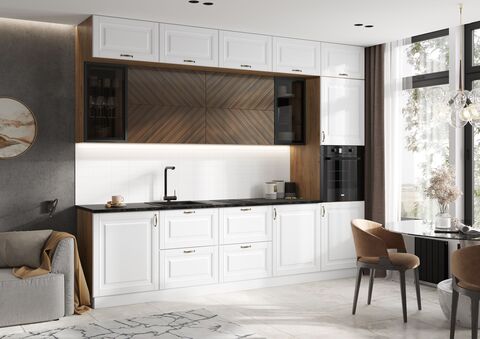 Кухня Престиж 3,0м (490) Компоновка №2 (Браш Вайт/Прайм орех, Дуб Крафт (Кастилло темный))