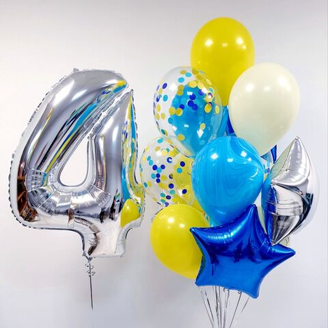Набор шаров на 4 года, жёлтый, голубой, серебро