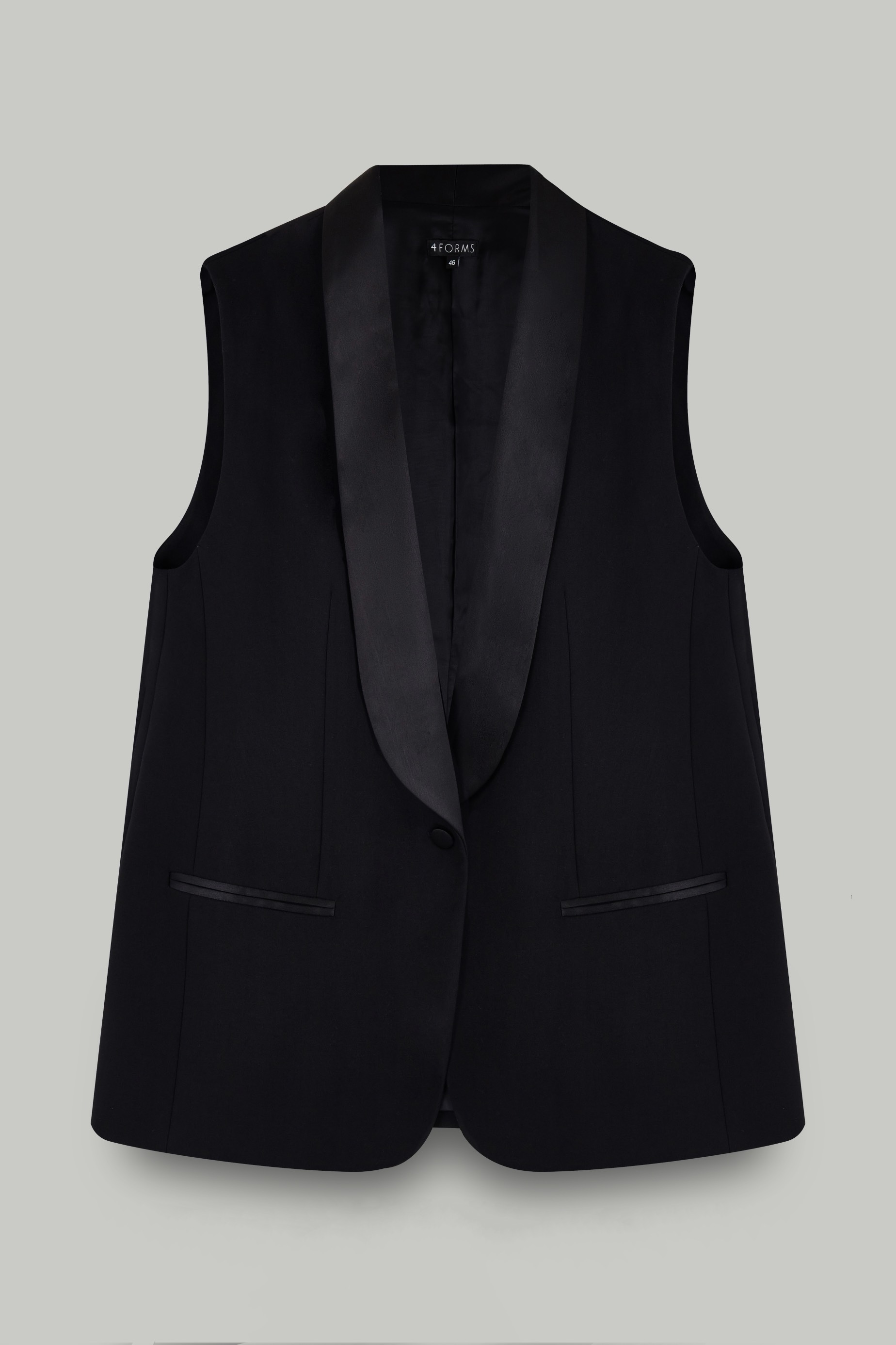 Жилет удлиненный с воротником шалька из атласа, черный