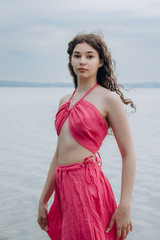 Малинка. Топ розовый льняной на завязках TPS-1809