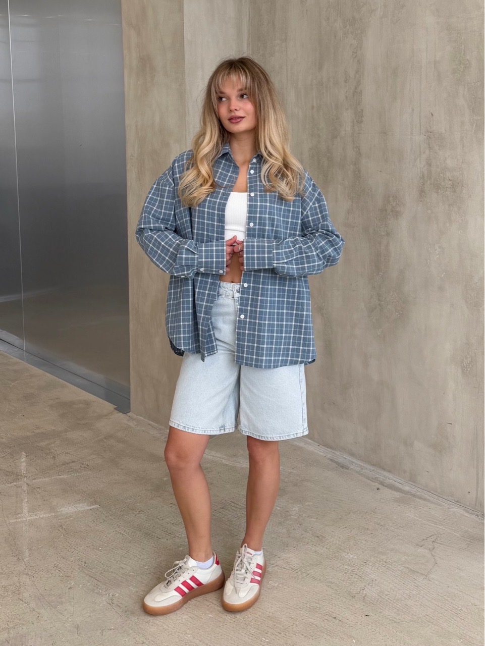 Рубашка из вареного хлопка, голубая