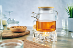 Чайник заварочный стеклянный с деревянной крышкой и подогревом от свечи, 650 мл