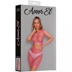 Комплект эротический: топ и юбка из ажурной сетки Amor El, розовый, S/L