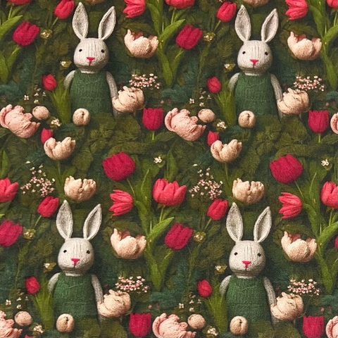 ВЯЗАНЫЙ ЗАЙЧИК С ТЮЛЬПАНАМИ, 100% хлопок
