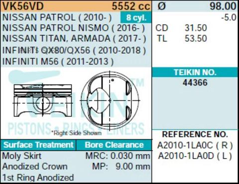 Поршень двигателя TEIKIN 44366 STD (8шт/упак)