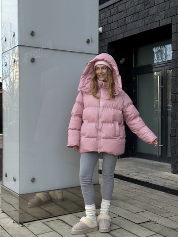 Пуховик Рокет миди розовый в полоску