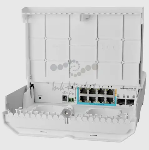 MikroTik netPower Lite 7R with 8 x Gigabit Ethernet ports (7 with Reverse POE-in, 1 with PoE-OUT), 2 x SFP+ cages, SwitchOS, outdoor enclosure, mounting kit (power supply NOT included)