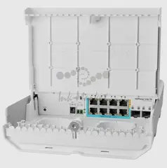 MikroTik netPower Lite 7R with 8 x Gigabit Ethernet ports (7 with Reverse POE-in, 1 with PoE-OUT), 2 x SFP+ cages, SwitchOS, outdoor enclosure, mounting kit (power supply NOT included)