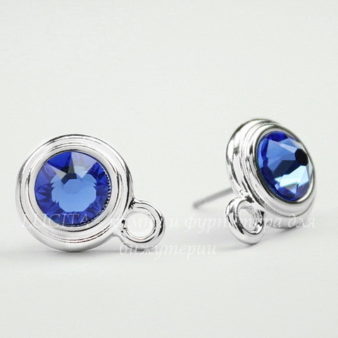 Пуссеты - гвоздики TierraCast со стразом "Sapphire" (цвет-платина)(без заглушек), 16х12 мм, пара