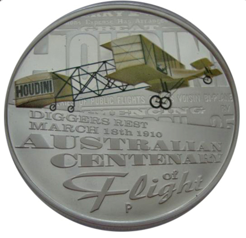1 доллар 2010 год. Австралия. Самолет. 100-летие первого успешного полета в Австралии Г. Гудини. Серебро
