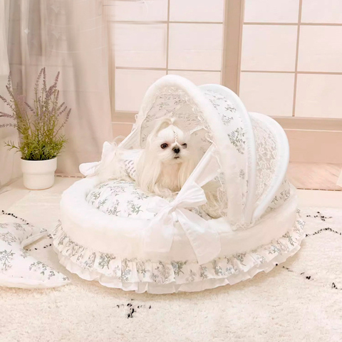 2050 Люлька кремовая с кружевным верхом и периной в голубой цветок PREMIUM (чехлы съёмные)