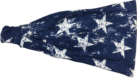 Летняя бандана (повязка-косынка) из хлопковой ткани, на резинке. Принт белые винтажные звезды на синем фоне.