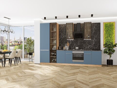 Прямая модульная кухня Фьюжн-08 Silky Blue - Дуб Вотан 2340*3400*600