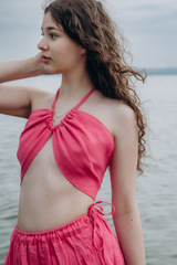 Малинка. Топ розовый льняной на завязках TPS-1809