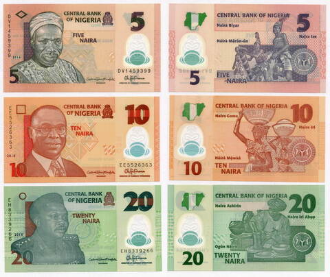 Банкноты Нигерия 3 шт (5, 10 и 20 найра) 2016-2018 гг. UNC (пластик)